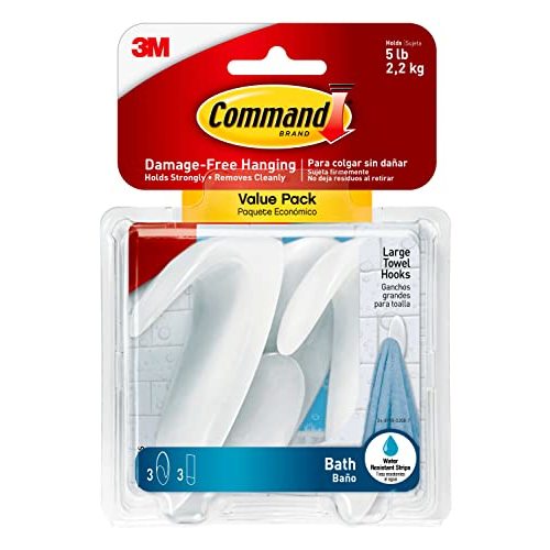 Command Bath Large Towel Hook Value Pack, Clear Frosted, 3-Large Hooks, 3-Water-Resistant Strips, Organize Damage-Free