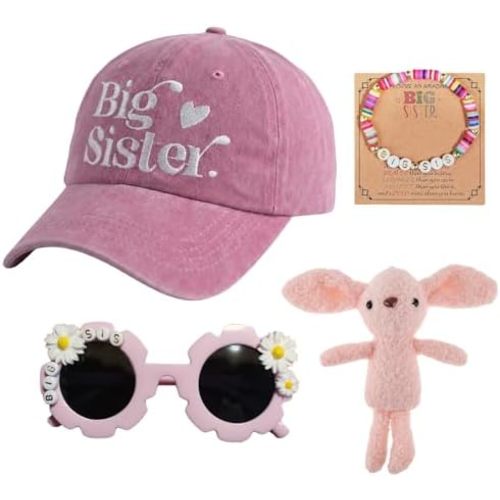 Big Sister Gifts Set for Girls- Bracelet, Hat, Sunglasses, Ornament for Toddler Girls, New Best Sibling Gift, Promoted to Sis