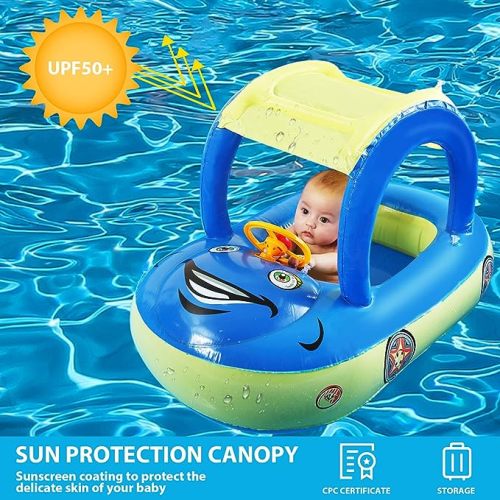 Baby Pool Float with UPF 50+ Canopy Car Shaped Inflatable Baby Swim Float with Sunshade Safty Seat Baby Swimming Float for Infant Toddler Kids for Age of 6-36 Months