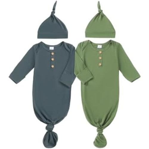 AMAWMW 2 Pack Newborn Baby Girl Boy Sleeper Gown Knotted Nightgown with Mittens Pajamas Set Infant Gifts Essential Outfit