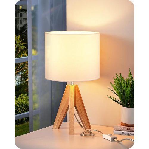 EDISHINE Boho Small Table Lamp, Walnut Color Wooden Tripod Bedside Lamp, Farmhouse Nightstand Lamp for Nursery, Bedroom, Office, Kid Room, Living Room, Grey Linen Lampshade, E26 Socket, 14.2 Inch