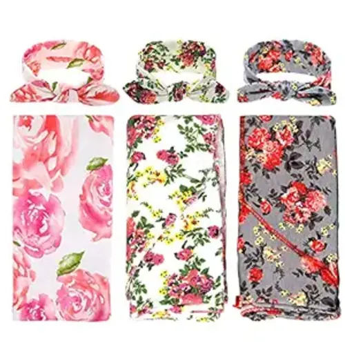 DRESHOW BQUBO 3 Sets Receiving Blanket with Headbands Newborn Baby Floral Printed Baby Shower Swaddle Gift