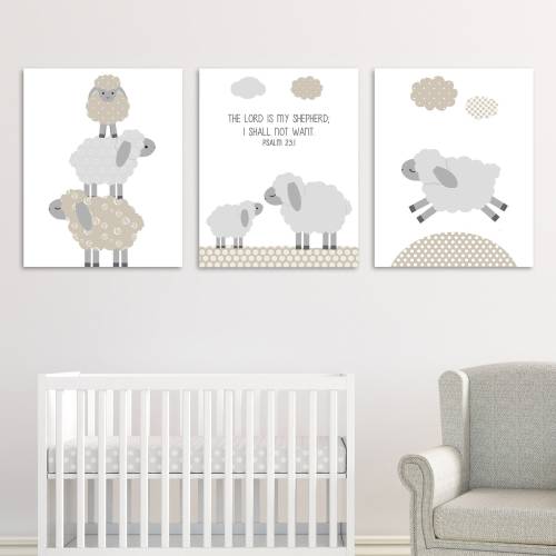 Lamb Nursery Prints, Beige Gray Sheep Wall Art, Set of 3