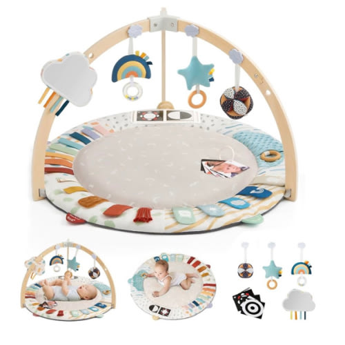 Blissful Diary Baby Play Gym & Activity Mat, 5 Developmental Zones Wooden Tummy Time Mat with 5 Detachable Sensory Toys for Motor Skills & Sensory Development, Baby Essentials Shower Gift