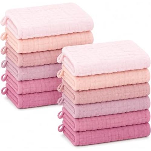 SWEET DOLPHIN 12 Pack Baby Muslin Washcloths - Face Cloths for Newborn, Absorbent Bath Wash Cloths, Wipes, Burp Rag - Toddlers Essentials Stuff, Baby Registry as Shower -10"x10", Hibiscus Sunset