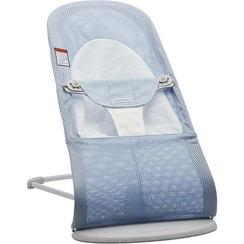 BabyBjörn Bouncer Balance Soft, Light Grey Frame, Mesh, Sky Blue/White, 2-in-1 Adjustable Baby Bouncer Seat and Toddler Chair, Newborn to Toddler (8-29 lbs), 4 Positions, Lightweight & Portable