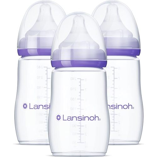 Lansinoh Anti-Colic Baby Bottles for Breastfeeding Babies, 240 ml (8 Ounces), 3 Count, Includes 3 Medium Flow Nipples, Size M