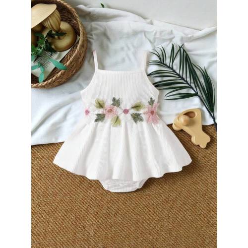 SHEIN Vintaside Kids Baby Girls' Knitted Flower Patchwork Decor Spaghetti Straps Sleeveless Bodysuit For Summer | SHEIN USA