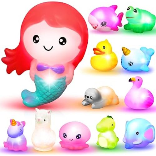 JOYIN 12 PCS Light Up Bath Toys, Toddler Flashing Colourful LED Bathtub Mermaid Toy, Baby Bathtime Floating Rubber Shower Gifts for Infant Kids Girls Valentines Easter Basket Stuffers Pool Party Favor