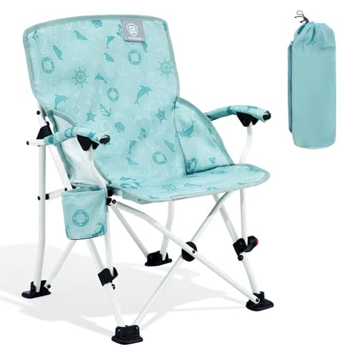EVER ADVANCED Kids Camping Chairs with Cup Holder, Padded Folding Camping Chair Outdoor with Safety Lock, Carry Bag, Lightweight Portable Camp Chairs for Beach, Balcony, Patio, Supports 150lbs, Green