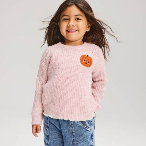 Toddler Girls' Fall Pumpkin Long Sleeve Crewneck Sweater - Cat & Jack™ Pink 4T