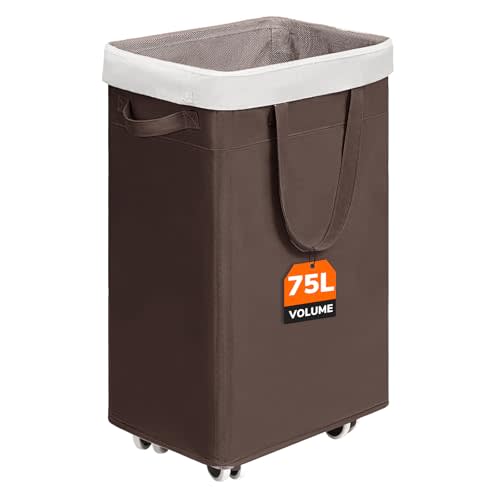 CHICVITA 75L Large Rolling Laundry Basket with Wheels & Wash Bag, Coffee | Clothes hamper with handle for laundry room living room. Dorm Room Essentials