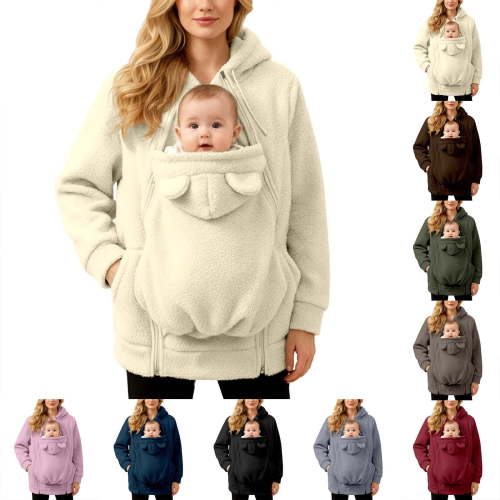 zaveiop Women Fleece Zip up Hoodie 2 in 1 Baby Wearing Jacket Maternity Winter Coat Thicken Kangaroo Sweatshirt Baby Wearing Outerwear (Pink, XL)