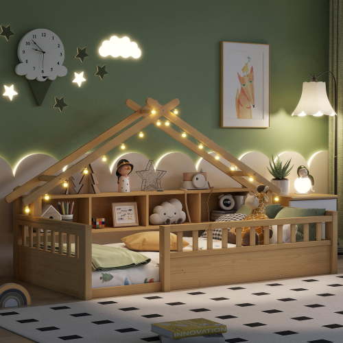 Mirightone Twin Floor Bed with Storage Bookshelves and LED Light