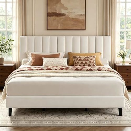Garvee King Size Platform Bed Frame with Upholstered Headboard, White