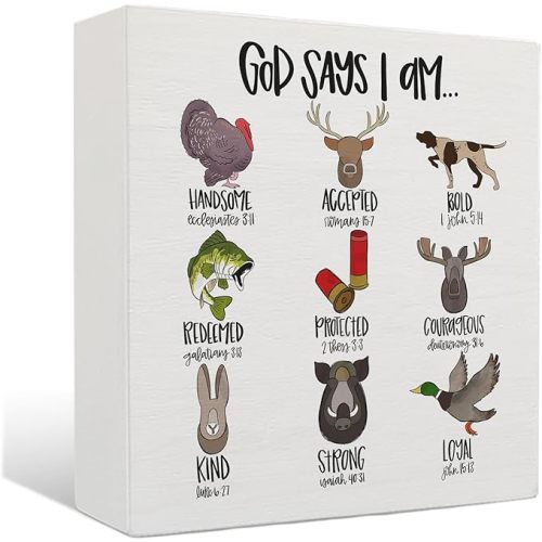 God Says I Am Sign - Hunting Decor for Boys Room, Christian Bible Verse Decor, 5 X 5 Inches Wooden Box Signs
