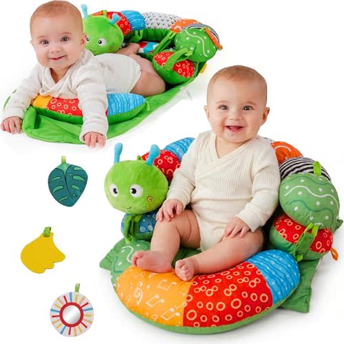 Baby Lounger Tummy Time Mat with Tummy Time Toys, Baby Play Mat for Floor | Plush caterpillar design with removable support pillow for multiple developmental stages