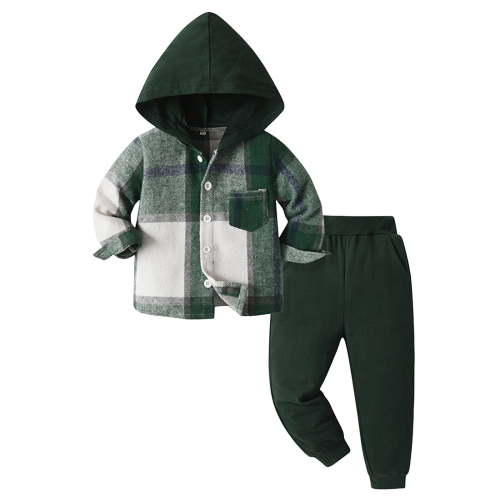 Staki Kids Toddler Boy Clothes Plaid Hooded Shirt White T-shirt Top and Solid Color Pants Winter Boys Outfits Outfits for Kids(Green,3-6 Months)