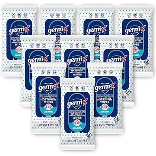 Germ-X Advanced Single-Use Hand Sanitizer Wipes, 20 Soft Wipes (Pack of 10), Fast-Drying & No Rinse Plant-Based Alcohol, Moisturizing Hand Sanitizer with 70% Alcohol