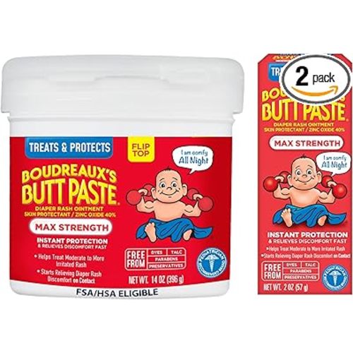Boudreaux's Butt Paste Maximum Strength Diaper Rash Cream, Diaper Cream for Baby, Fast Relief & Overnight Protection for Moderate to More Irritated Rash, Pediatrician-Recommended, 2 oz & 14 oz