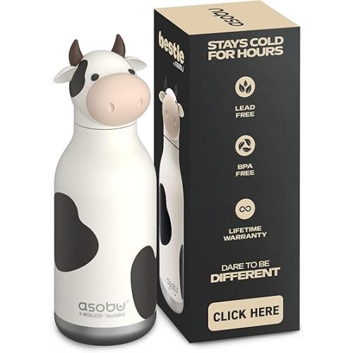 asobu Bestie Bottle Insulated Stainless Steel Water Bottle with Detachable Soft Animal Head Fun Drinking For Kids and Teens with Flexible Reusable Straw 16 Ounce