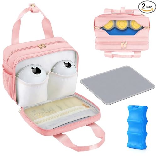PIIOSER Breastmilk Cooler Travel Bag with Ice Pack, Compatible with Wearable Breast Pumps & Accessories - Portable Hands Free Breast Pump Carrying Case for Nursing & Working Moms, Pink