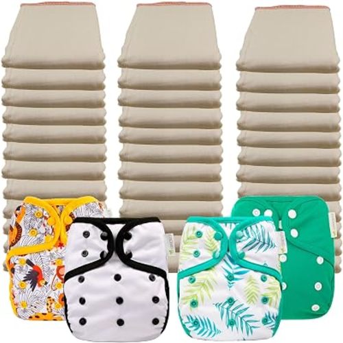 OsoCozy Economy Prefold Diaper Package - 3 Dz. Premium 4x8x4 Unbleached Better Fit 100% Cotton Prefold Diapers (14-30 lbs). & 4 One-Size Diaper Covers (1 Zoo, 1 Fern, 1 Green, 1 Polar)