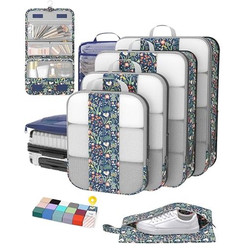 8 Set Compression Packing Cubes for Travel Essentials,Compressible Expandable Packing Cubes for Suitcase,OlarHike Luggage Organizer Bags for Travel(Dark Blue Floral)
