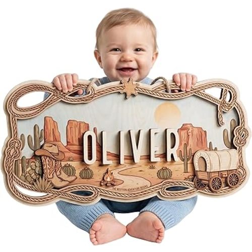 Custom Western Nursery Name Sign - Personalized Wooden Baby Name Sign with Cowboy Boots & Desert - 3D 2-Layer Birch Wood Wall Decor for Boy Room, Unique Wild West Gift
