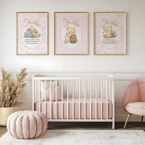 Winnie the Pooh Nursery Decor, Classic Winnie the Pooh Wall Decor, Storybook Wall Art Set of 3, Vintage Floral Baby Girl Nursery, Pink Bow