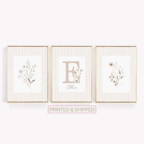 Wildflower Set of 3 Nursery Decor, Custom Floral Room Wall Art, Boho Baby Girl Nursery Mailed Prints, Watercolor Personalized Name Poster