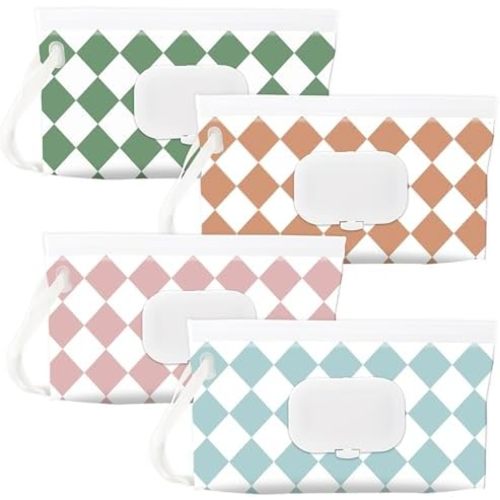 FEBSNOW 4Pcs Baby Wipe Dispenser Holder, Portable Refillable Wet Wipe Pouch