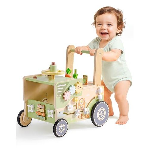 ROBOTIME Wooden Baby Walker Push Toy for Toddlers, Baby Push Walker with Wheels, Farm-Themed Activity Center for Girls & Boys, Adjustable Speed Walker for Baby Learning to Walk