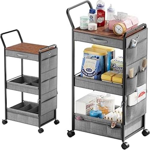 BBLIKE 3-Tier Diaper Caddy Organizer - Rolling Utility Baby Cart with Drawer and Side Pockets for Nursery and Baby Essentials, Multi-Function Cart for Bedroom and Bathroom, Gray