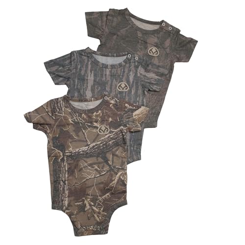 Realtree Vintage Camo Baby One Piece, Infant Short Sleeve Bodysuit, Ultra Soft Tri-Blend Outfit, 3-Pack