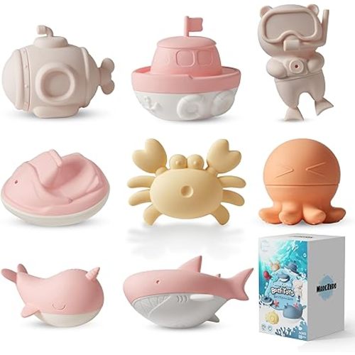 MarcZero Ocean Silicone Bath Toys 8Pcs for Toddlers Kids Babies,Bathtub Water Toys,Soft Squeezable Easy-Grip Pool Toys Set (Pink)