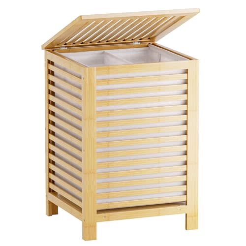 SMIBUY Double Laundry Hamper with Lid, 120L Bamboo Laundry Basket with Removable Liner Bag, 2-Section Clothes Divider Laundry Sorter for Laundry Room, Bathroom, Bedroom (Natural)