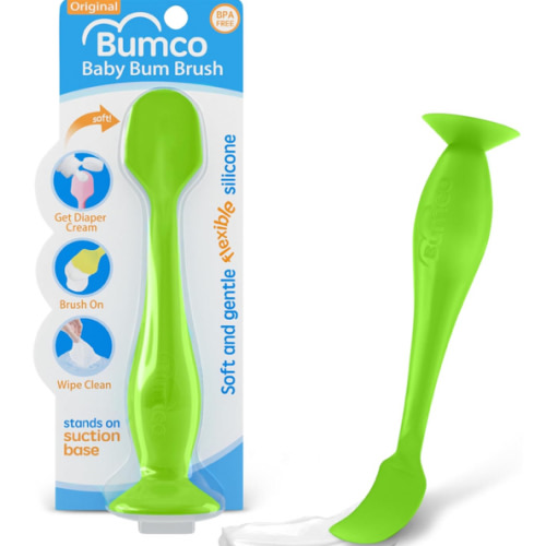 Bumco Baby Bum Brush - BPA-Free Diaper Cream Spatula with Suction Cup Base, Soft & Flexible Silicone, Wipe-Clean, Mom-Invented Diaper Bag Essentials (Blue)