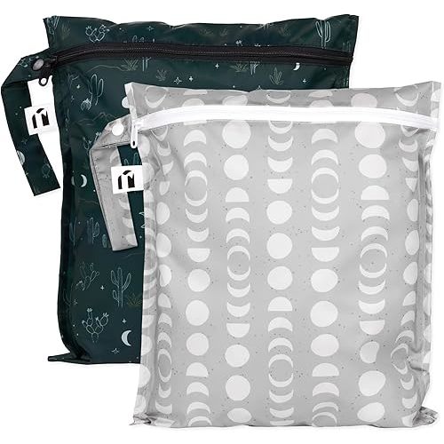 Bumkins Roamio - Waterproof Wet Bag - For Baby, Travel, Swim Suit, Cloth Diapers, Pump Parts, Pool, Gym, Toiletry, Strap to Stroller - Reusable & Easy to Clean - 2pk - Dk Green & Gray