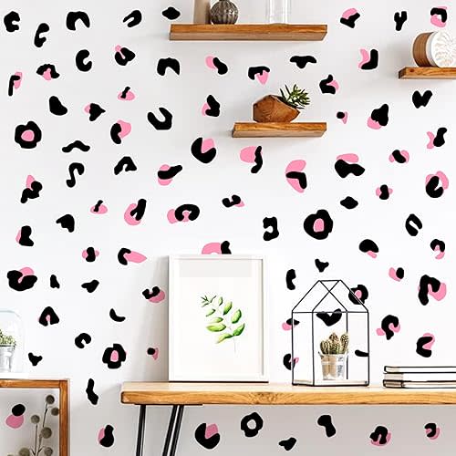 Leopard Print Wall Decals Peel and Stick Cheetah Pattern Sticker Animal Prints Stickers Removable Modern Black Pink Vinyl Decals Irregular Polka Dot Wall Stickers for Nursery Bedroom