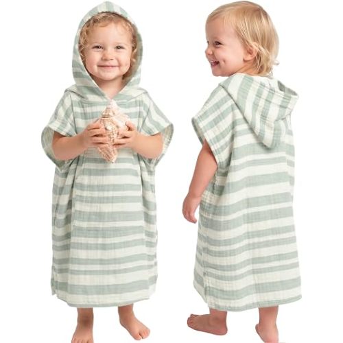 Konssy 100% Muslin Cotton Toddler Beach Towel Poncho with Hood, 24.5" x 21"