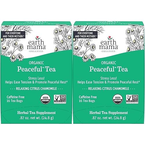 Earth Mama Organic Peaceful™ Tea | Stress Less! Calming, Relaxing Herbal Blend Safe for Pregnancy & Beyond, 16 Teabags Per Box (2-Pack)