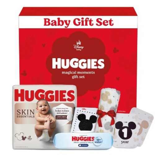 Huggies Disney Magic Baby Gift Set: Size 1 Diapers, Baby Wipes, Tummy Time Book, Milestone Markers & Mickey Mouse Muslin Cloth - 5ct