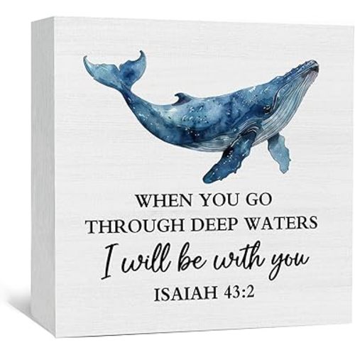 Christian Coastal Beach Whale Wooden Box Signs, Whale Decor, Bible Verse Isaiah 43:2 Scripture Ocean Coastal Beachy Wood Decoration Home Decor for Desk Table Shelf 5x5 Inch