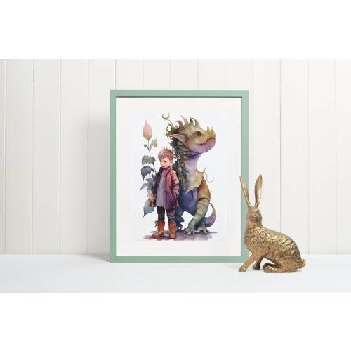 Dragon with Boy Child Poster Print Children's Room Decor Baby Boy Dragon Nursery Wall Art Vibrant Pastels Fairy Tale Dragon and Little Boy