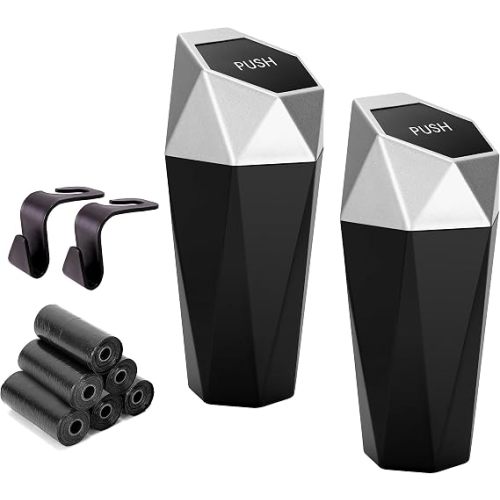 Ginsco Car Trash Can Cup Holder, 2 Pack Mini Trash Can with Lid, Car Accessories for Interior, Leakproof Small Trash Cup for Home with Additional 2 ABS Hooks and 90pcs Trash Bags Black