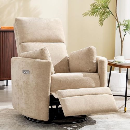 Power Recliner,Nursery Swivel Glider Rocking Chair with USB Port,Upholstered Adult Electric Recliner Rocking Chair with 2 Pillows for Living Room Bedroom (Beige Corduroy, Power-Driven)