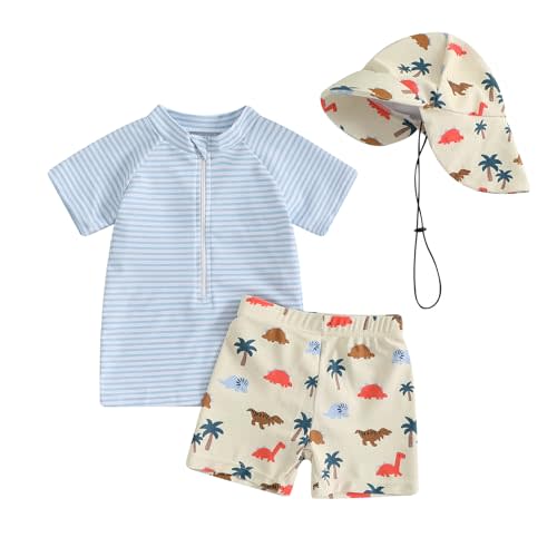 DuAnyozu Baby Boys Swimsuit Long Sleeve Rash Guard Swimwear Baby Boy Swim Trunk with Hat Toddler 4th of July Bathing Suit