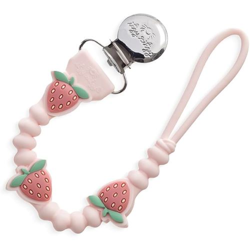 Itzy Ritzy Silicone Pacifier Clip; 100% Food Grade Silicone Pacifier Strap with Clip Keeps Pacifiers, Teethers & Small Toys in Place; Features One-Piece Design & Cord (Strawberry)