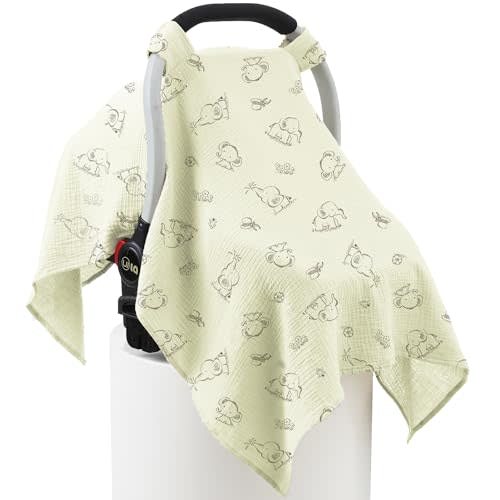 100% Muslin Cotton Car Seat Cover Baby, Carseat Canopy Cover, Universal Fit Stroller Covers for Boys and Girls (Cute Elephant)